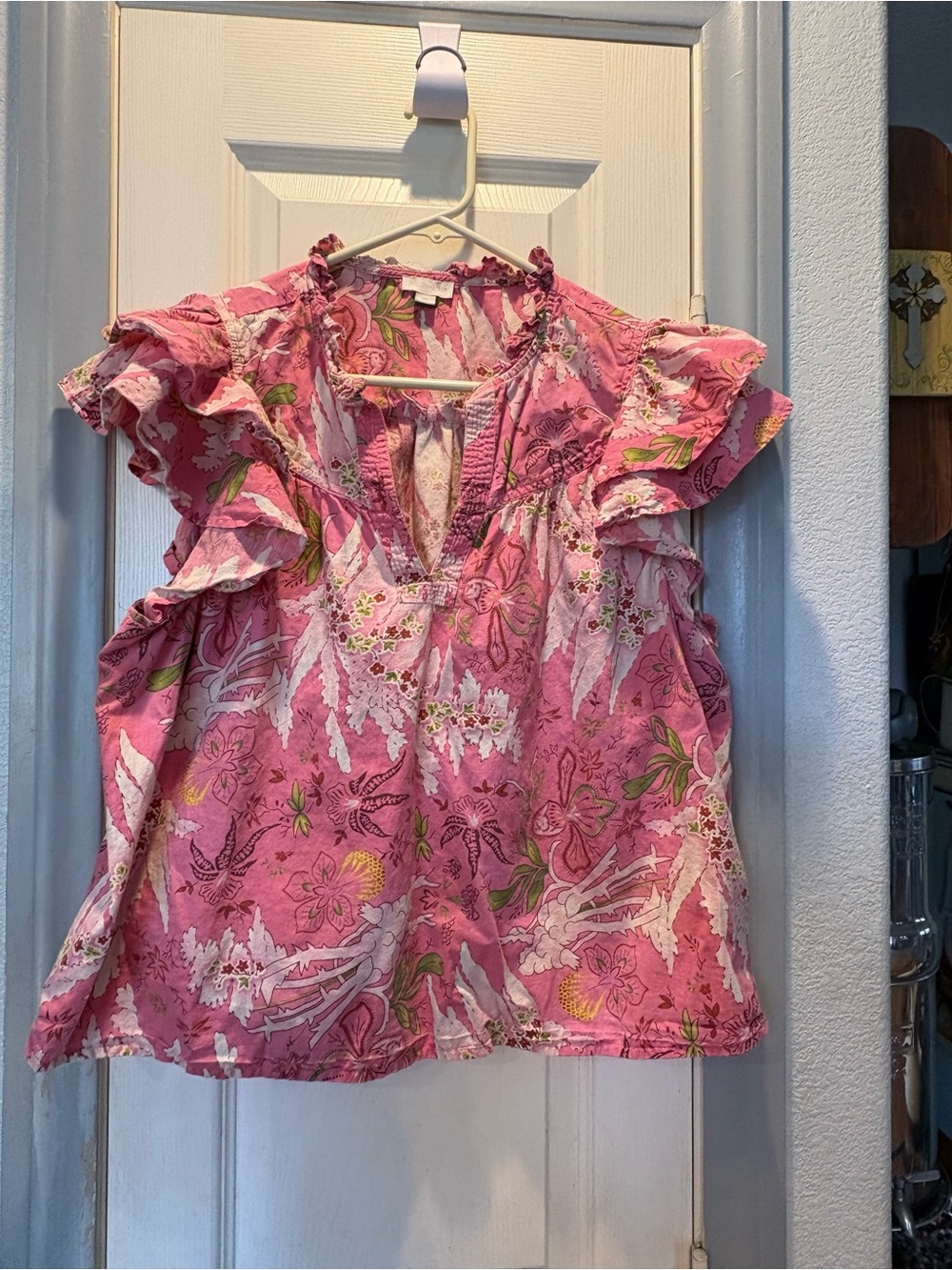 Floral Ruffle Sleeve Pink Blouse with V-Neck
